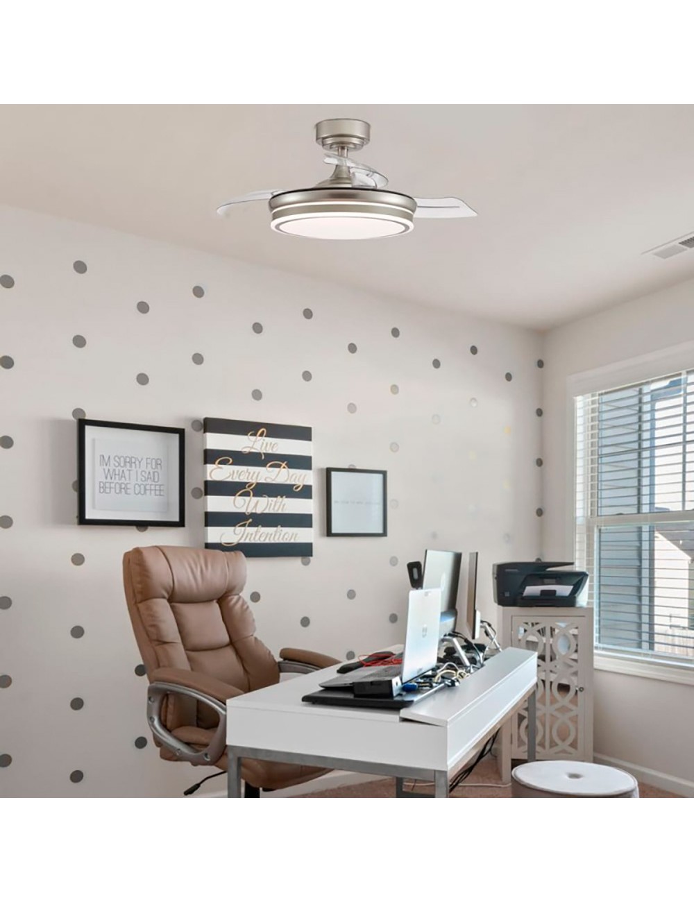 Ventilador de techo led 3cct aspas retráctiles moss mini 46 w 5520 lm níquel, aspas ø92 cm, plafón ø39 cm, altura 32 - 42 cm ...