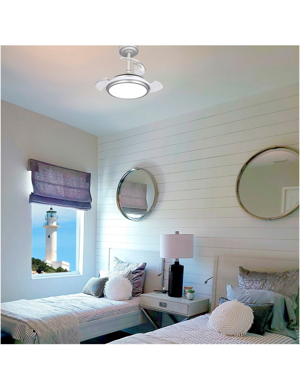 Ventilador de techo led 3cct aspas retráctiles antila mini xs 35 w 3000 lm plata, aspas ø55 cm, plafón ø32 cm, altura 38 - 4 ...