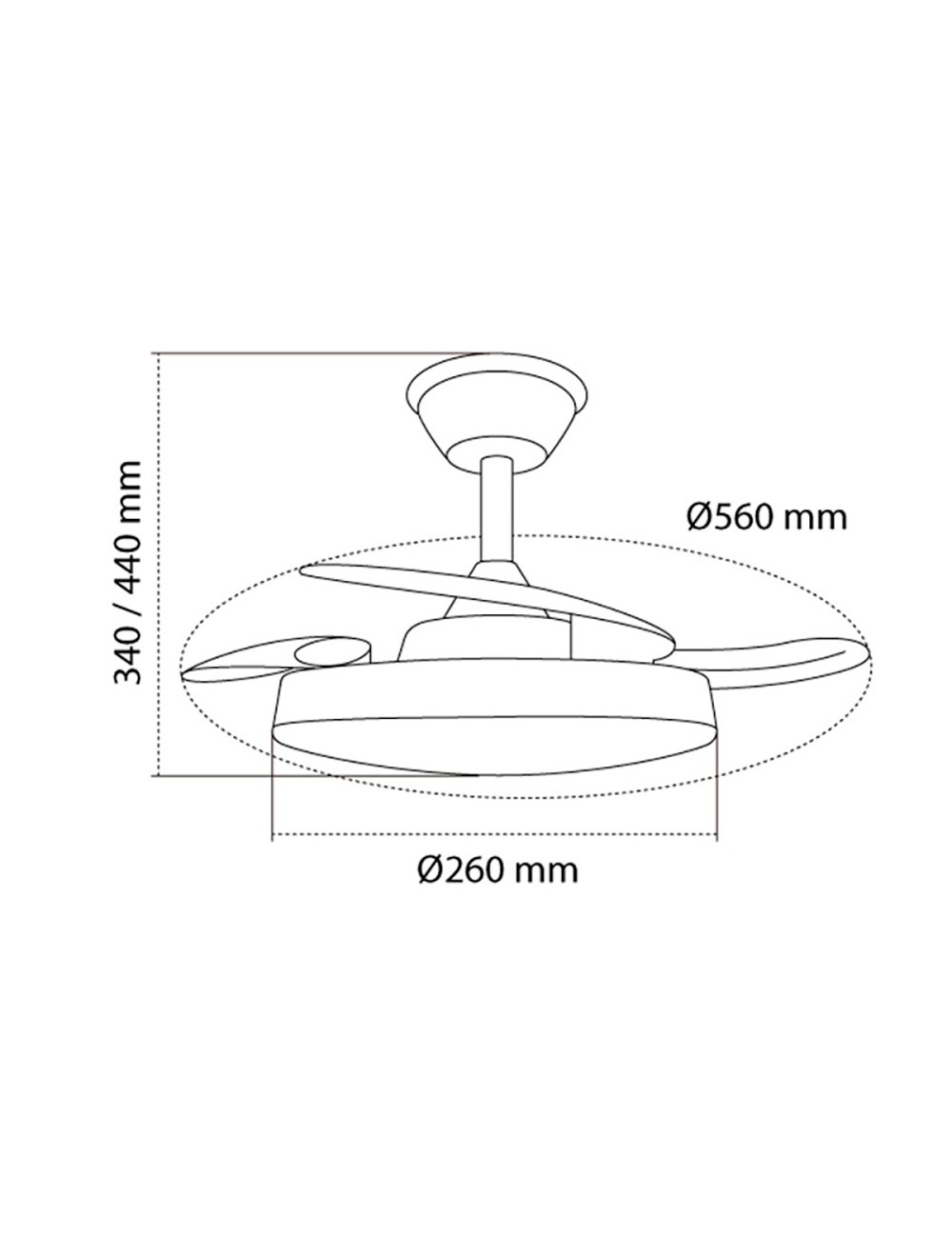 Ventilador de techo led 3cct aspas retráctiles hornet 32 w 3195 lm blanco, aspas ø56 cm, plafón ø26 cm, altura 34 - 44 cm
