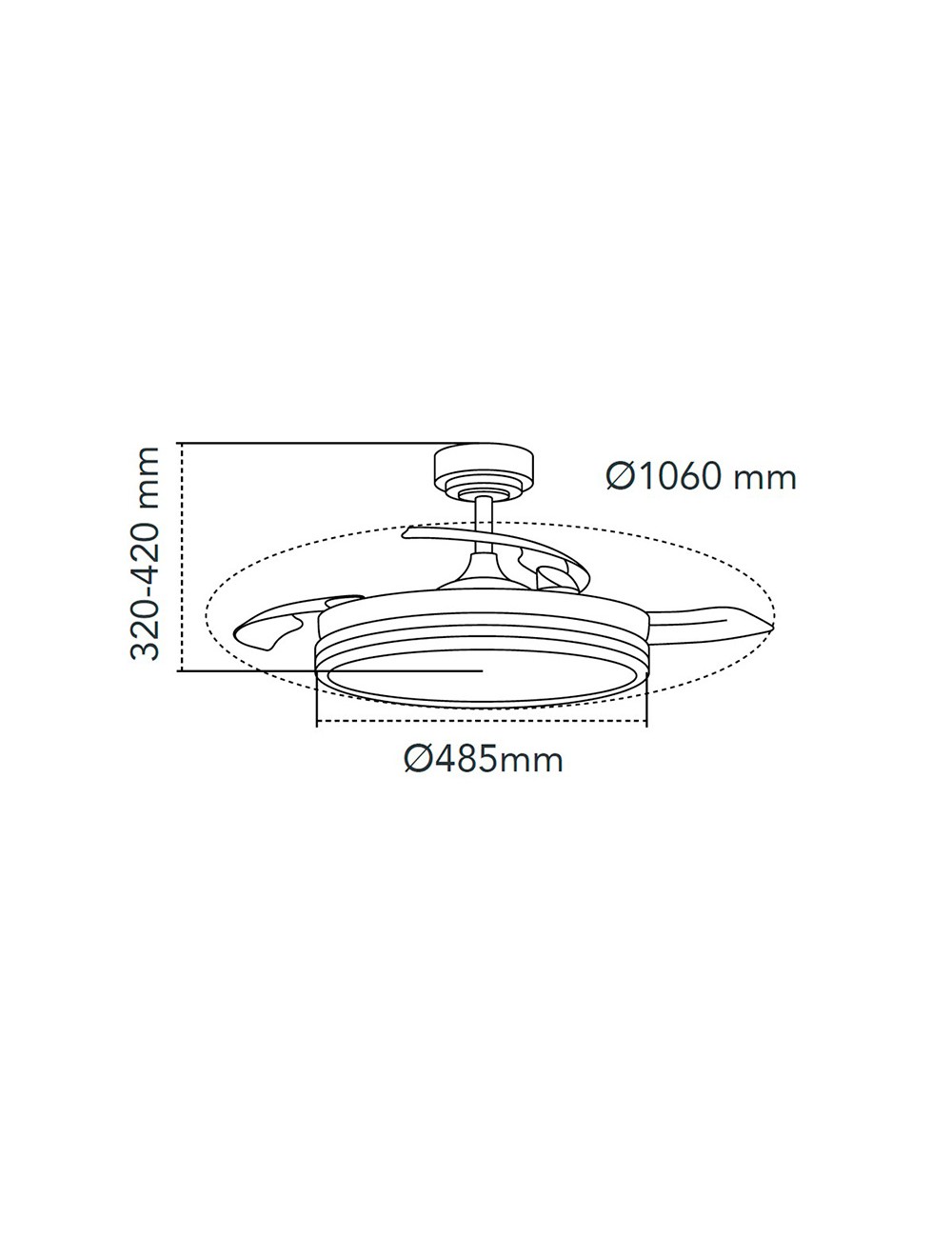 Ventilador de techo led 3cct aspas retráctiles supereco 45 w 4400 lm blanco, ø106 cm, plafón ø48,5 cm, altura 32 - 42 cm