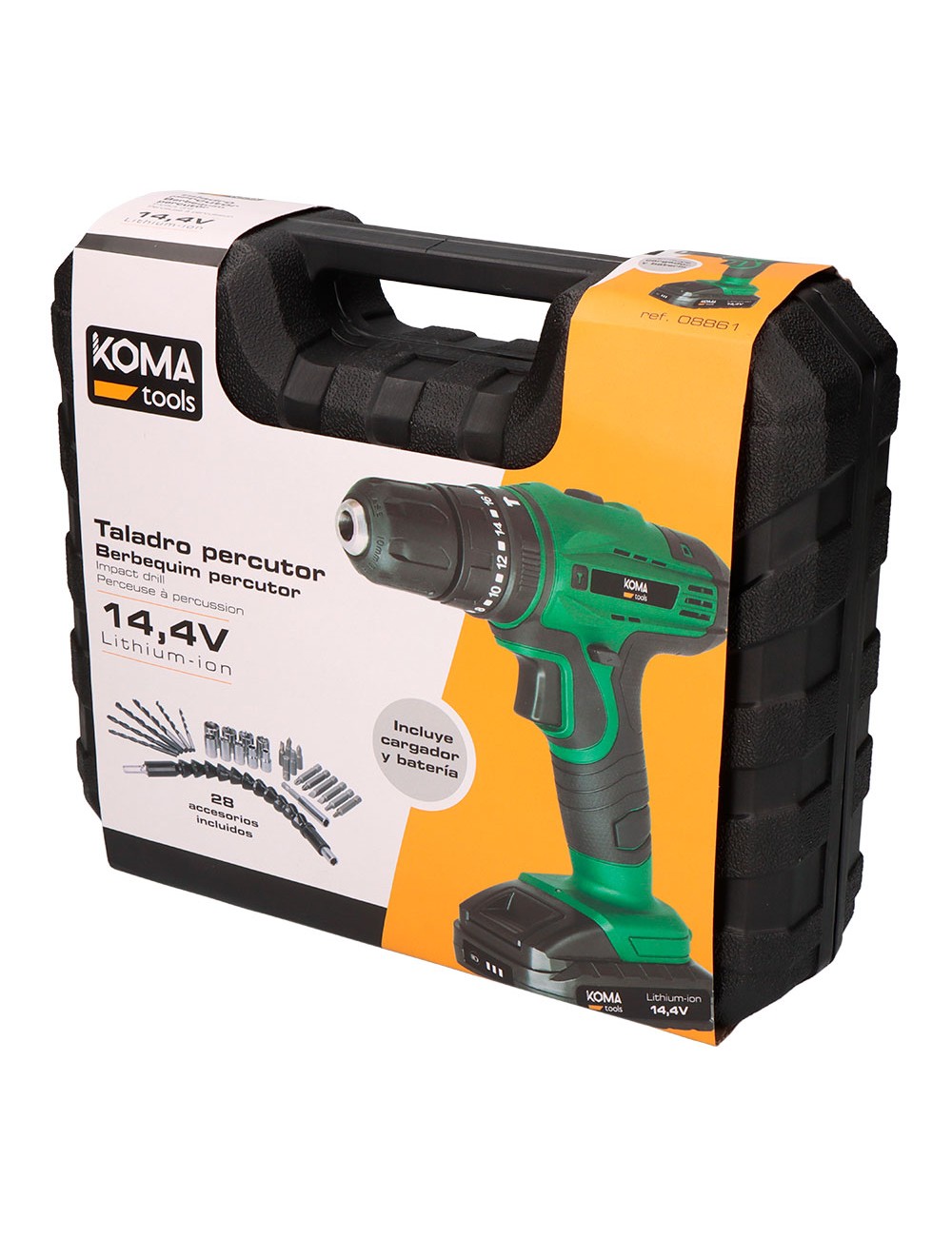 Kit taladro percutor/atornillador 14,4 v con batería, cargador y 28 accesorios