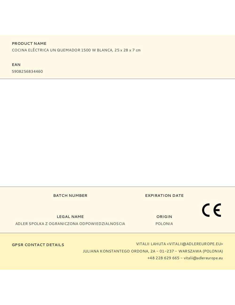 Cocina eléctrica un quemador 1500 w blanca, 25 x 28 x 7 cm