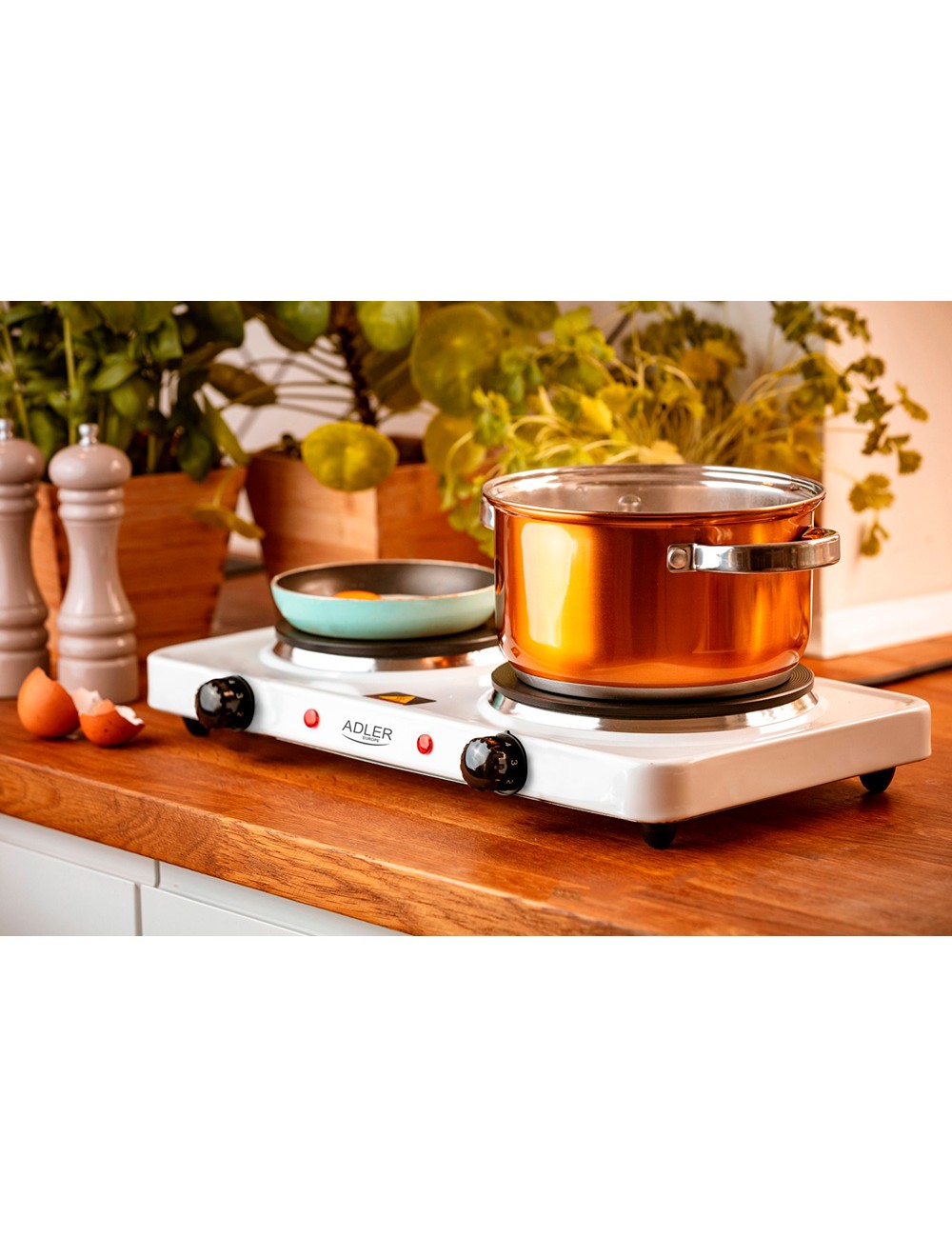 Cocina eléctrica dos quemadores 2500 w blanca, 46 x 26,5 x 7 cm