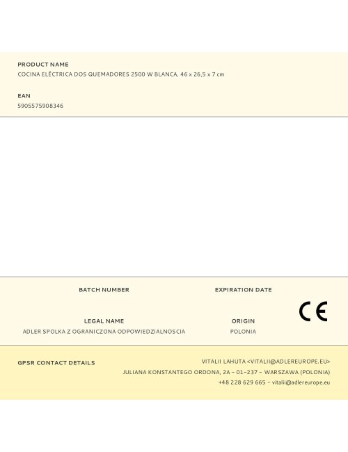 Cocina eléctrica dos quemadores 2500 w blanca, 46 x 26,5 x 7 cm