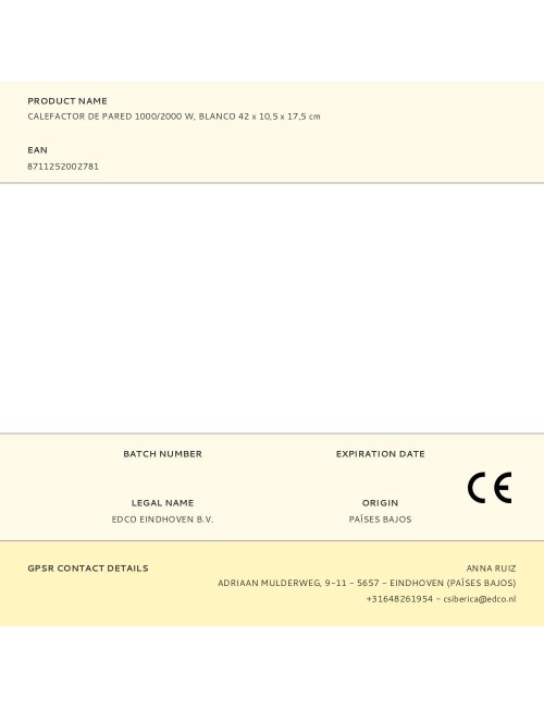 Calefactor de pared 1000/2000 w, blanco 42 x 10,5 x 17,5 cm