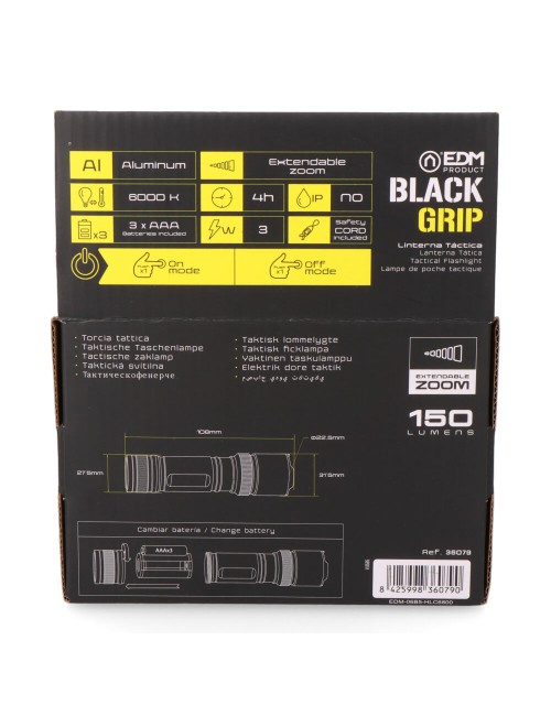 Linterna led táctica black grip 150 lm con zoom, 3 x aaa (incluidas), aluminio