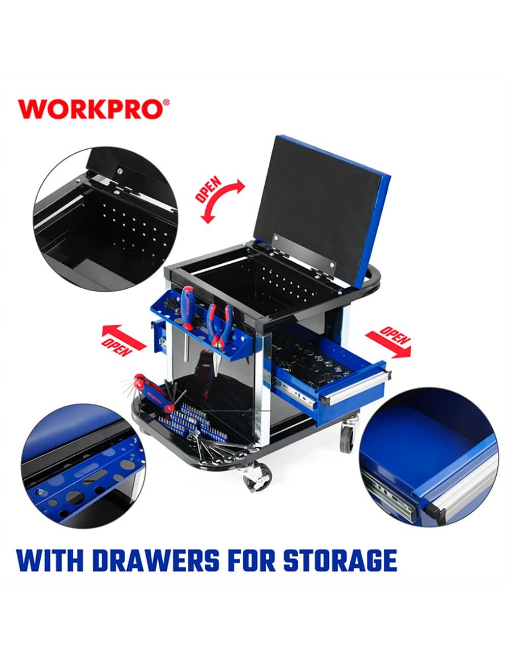 Taburete con cajones y ruedas (herramienta no incluida), 46 x 36 x 52 cm