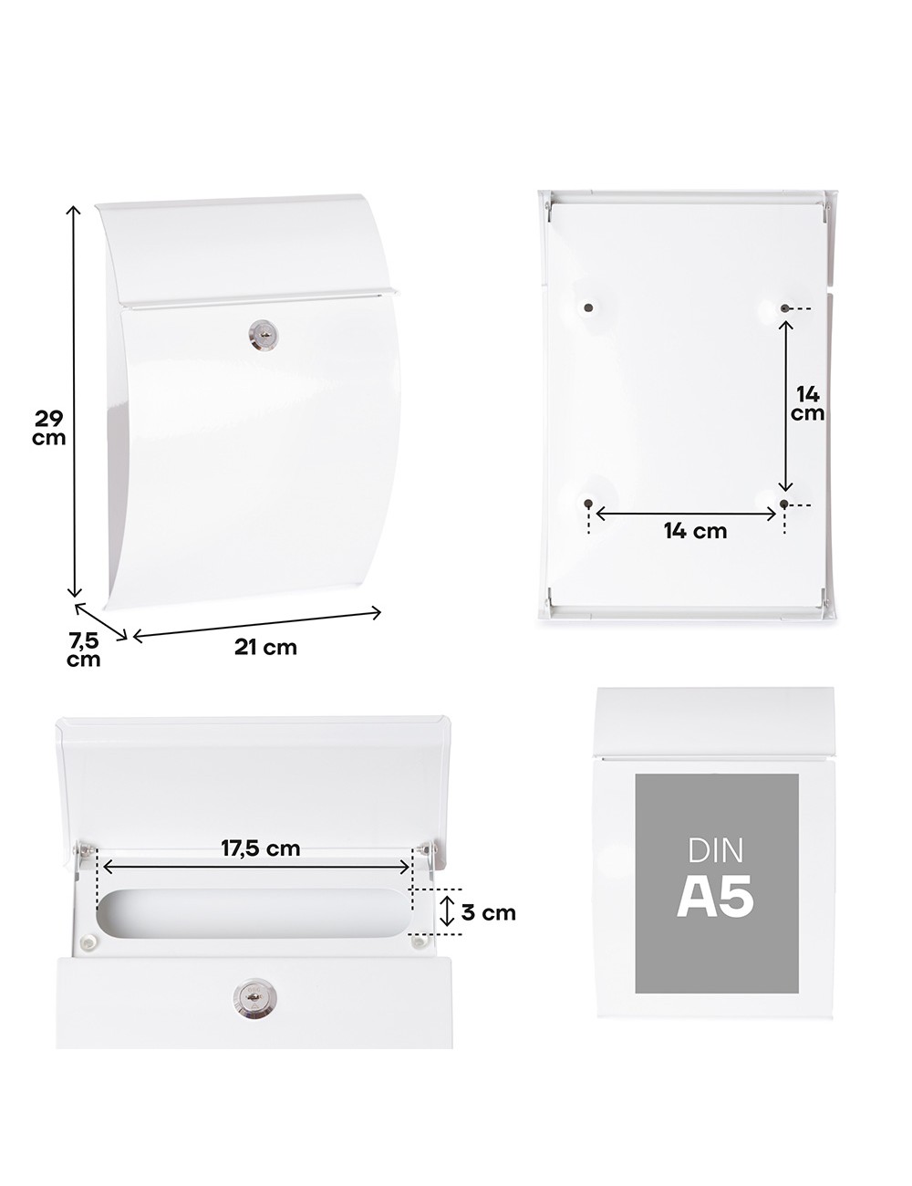 Buzón individual exterior, pequeño, galan, acero, blanco, 21 x 7,5 x 29 cm