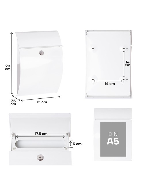 Buzón individual exterior, pequeño, galan, acero, blanco, 21 x 7,5 x 29 cm