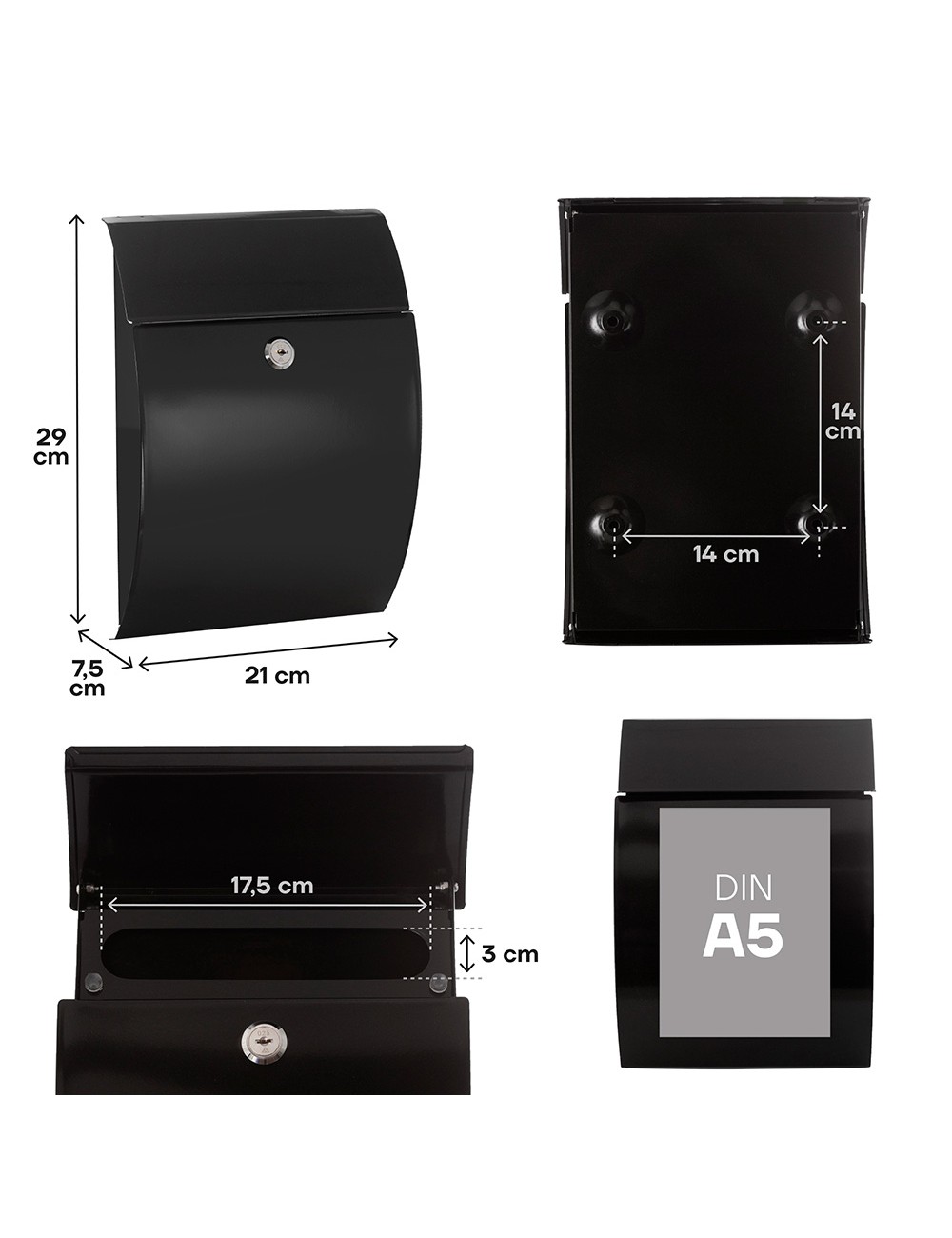 Buzón individual exterior, pequeño, galán, acero, negro, 21 x 7,5 x 29 cm