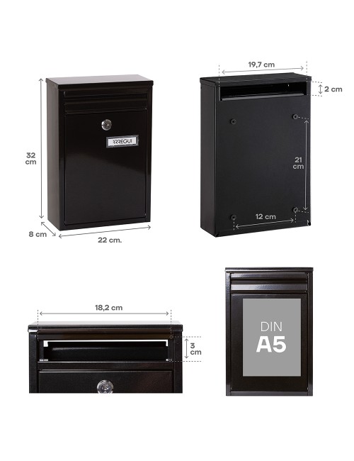 Buzón individual exterior, pequeño, zaguán, acero, negro, 22 x 8 x 32 cm