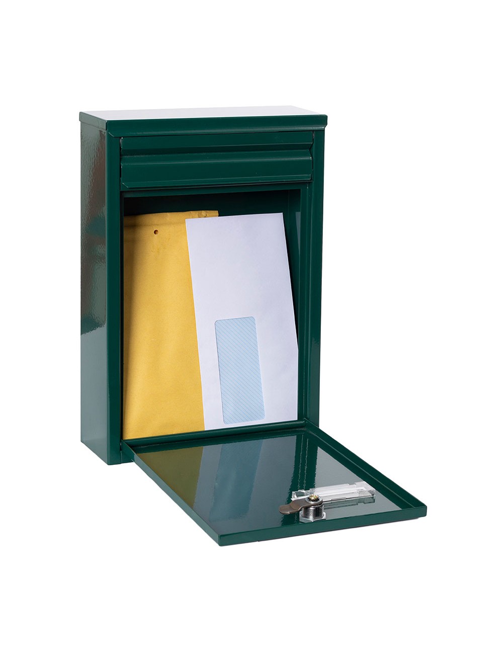 Buzón individual exterior, pequeño, zaguán, acero, verde, 22 x 8 x 32 cm