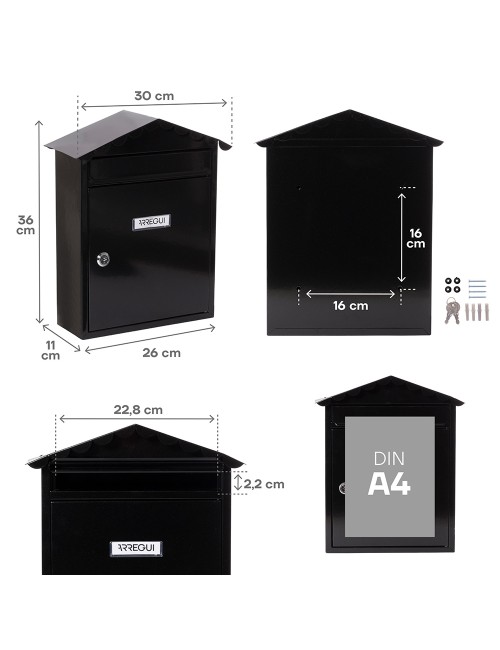 Buzón individual exterior, mediano, visit, acero, negro, 30 x 11 x 36 cm