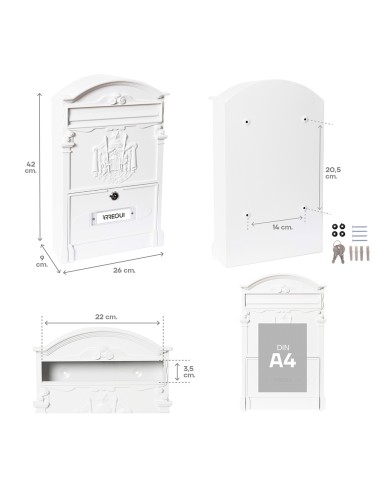 Buzón individual exterior mediano, residencia, aluminio, blanco, 26 x 9 x 42 cm
