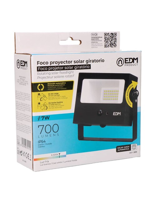 Foco proyector solar auto basculante 7 w 700 lm, 6500 k, con sensor movimiento, negro