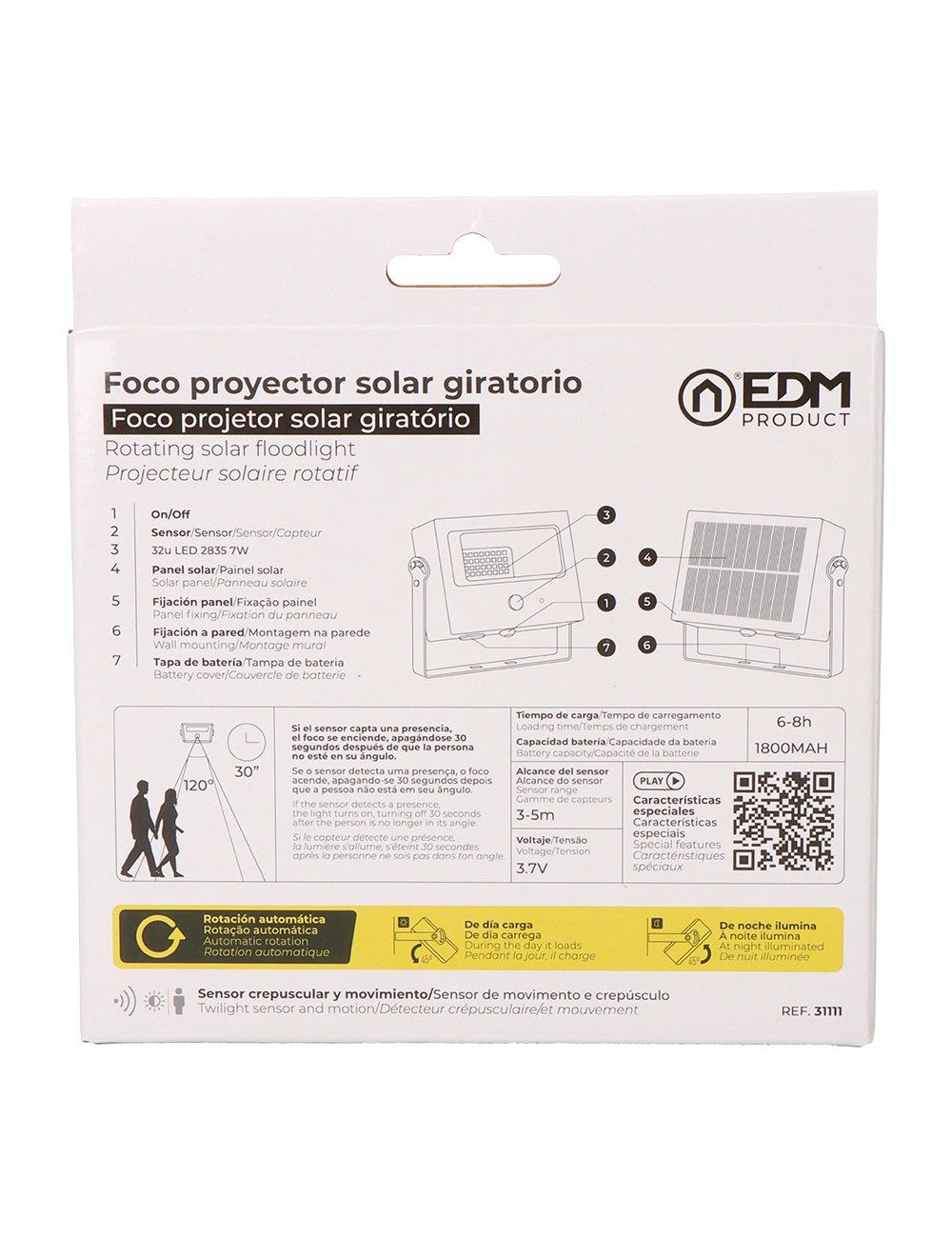 Foco proyector solar auto basculante 7 w 700 lm, 6500 k, con sensor movimiento, negro