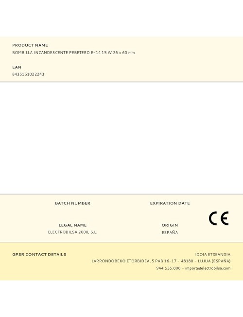 Bombilla incandescente pebetero, e-14, 15 w, 26 x 60 mm