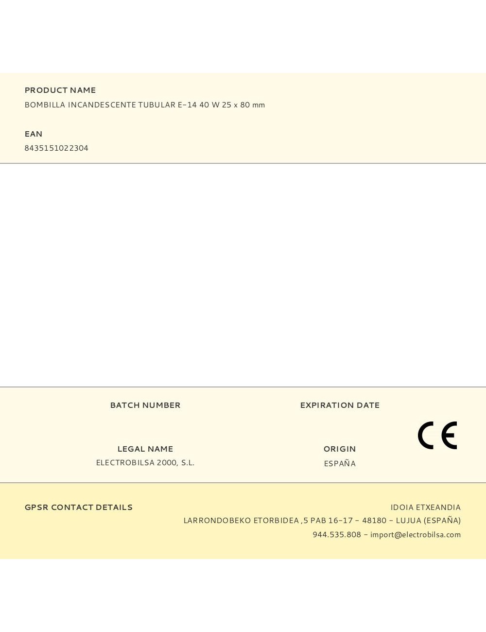 Bombilla incandescente tubular, e-14, 40 w, 25 x 80 mm