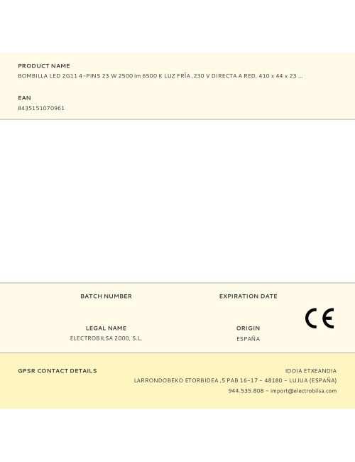 Bombilla led 2g11 4-pins 23 w 2500 lm 6500 k luz fría (eq.140 w),230 v directa a red, 535 x 23,5 x 43,3 mm