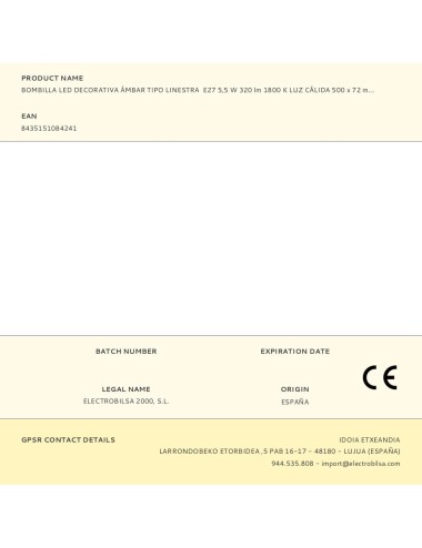 Bombilla led decorativa ámbar tipo linestra, e27, 6 w, 360 lm, 1800 k, luz cálida, 500 x 72 mm