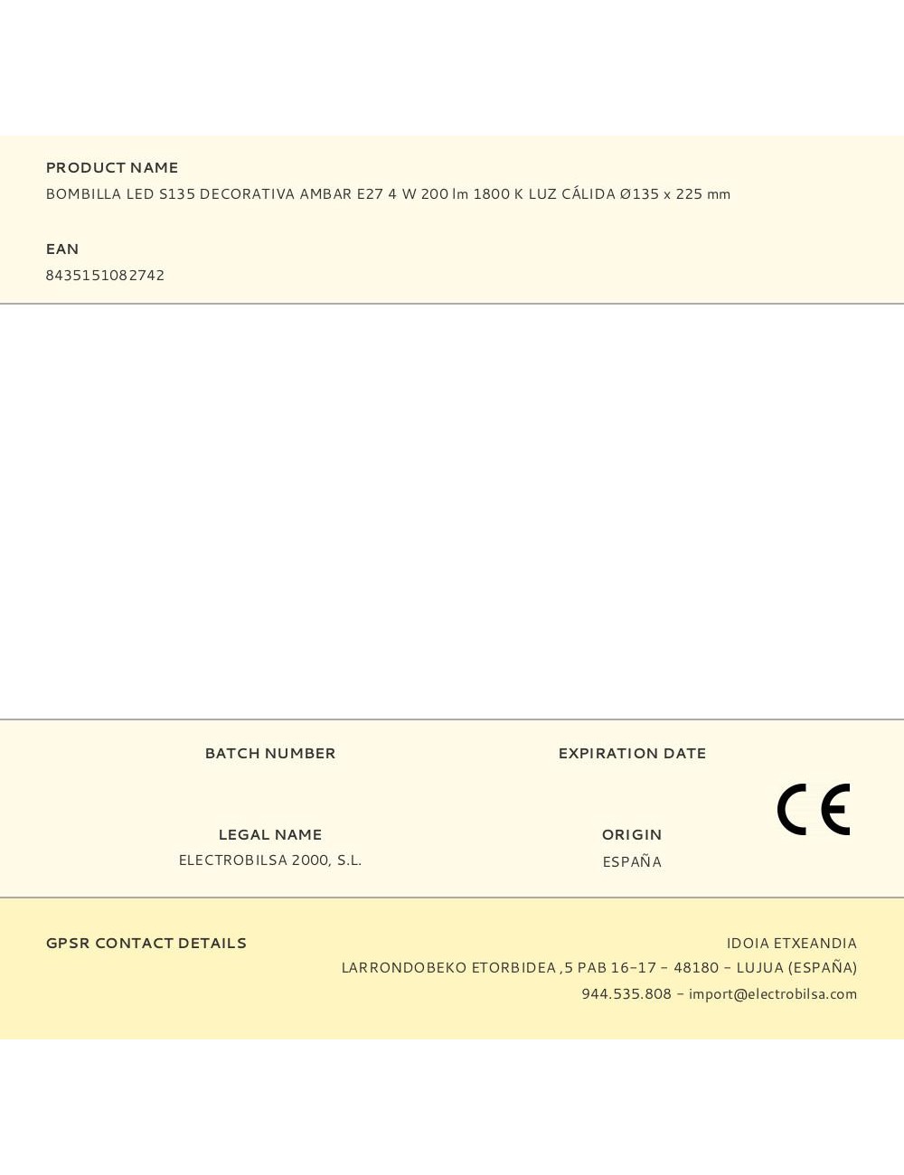 Bombilla led s135 decorativa ámbar, e27, 4 w, 200 lm, 1800 k, luz cálida, ø135 x 225 mm