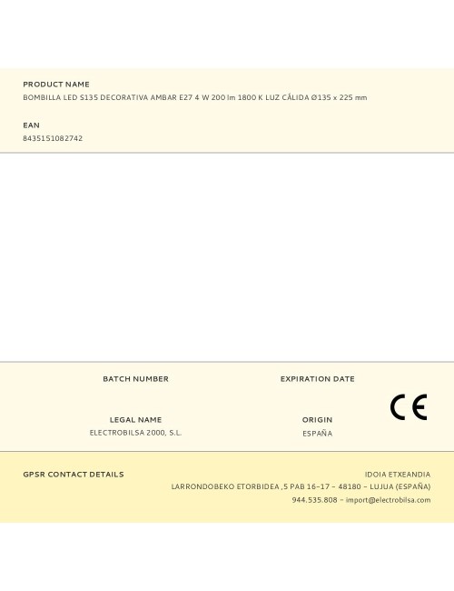 Bombilla led s135 decorativa ámbar, e27, 4 w, 200 lm, 1800 k, luz cálida, ø135 x 225 mm