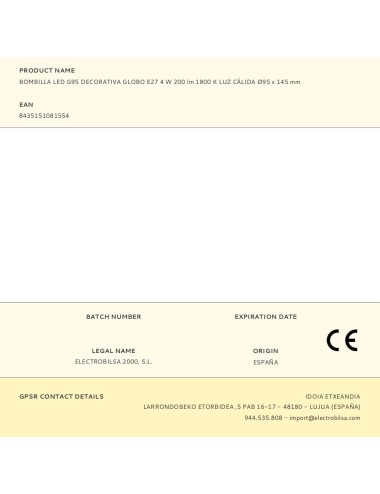 Bombilla led g95 decorativa globo e27 4 w 200 lm 1800 k luz cálida ø95 x 145 mm