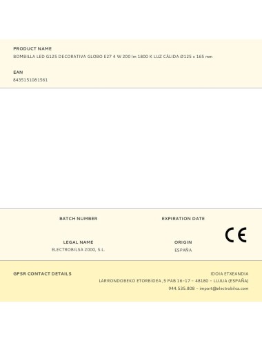 Bombilla led g125 decorativa globo e27 4 w 200 lm 1800 k luz cálida ø125 x 165 mm