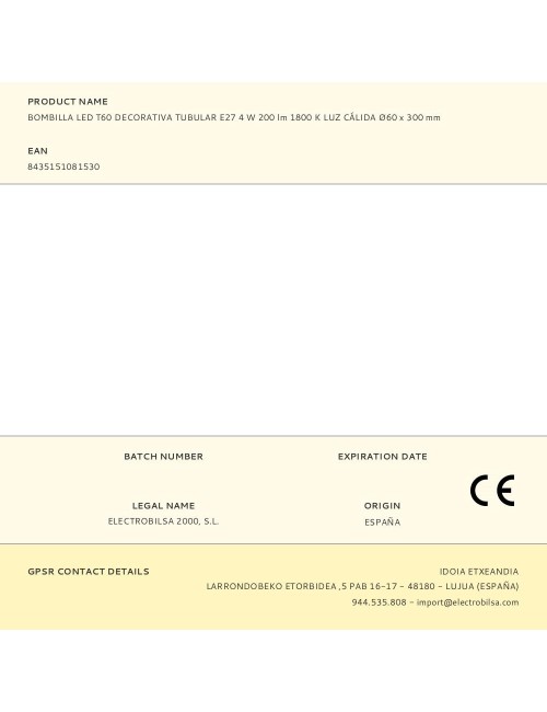 Bombilla led t60 decorativa tubular e27 4 w 200 lm 1800 k luz cálida ø60 x 300 mm