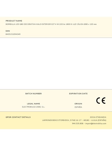 Bombilla led g80 decorativa halo exterior e27 4 w 220 lm 1800 k luz cálida ø80 x 120 mm