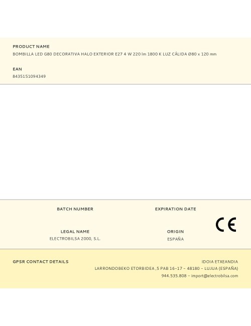 Bombilla led g80 decorativa halo exterior e27 4 w 220 lm 1800 k luz cálida ø80 x 120 mm