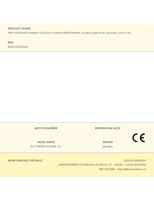 Tira led blanca 4000 k, luz día, flexible profesional, 16 w/m, 1600 lm/m, 120 led/m, 230 v, ip65, rollo 50 m x 10 x 2,5 mm