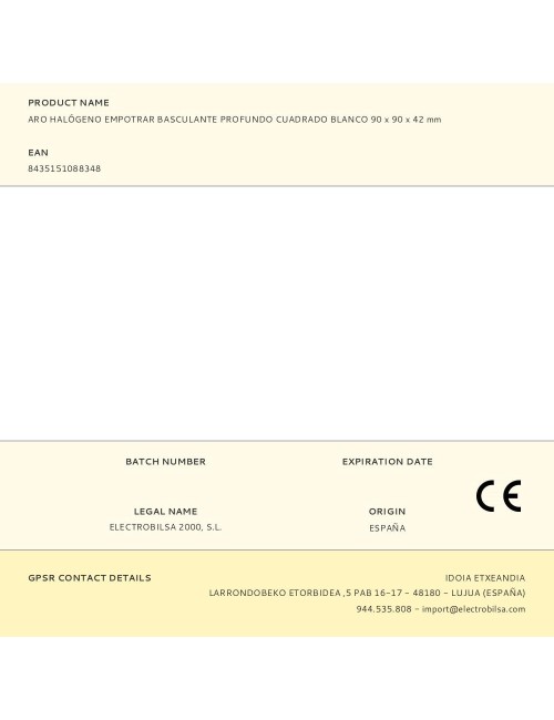 Aro halógeno basculante de empotrar, profundo, cuadrado, blanco, 90 x 90 x 42 mm