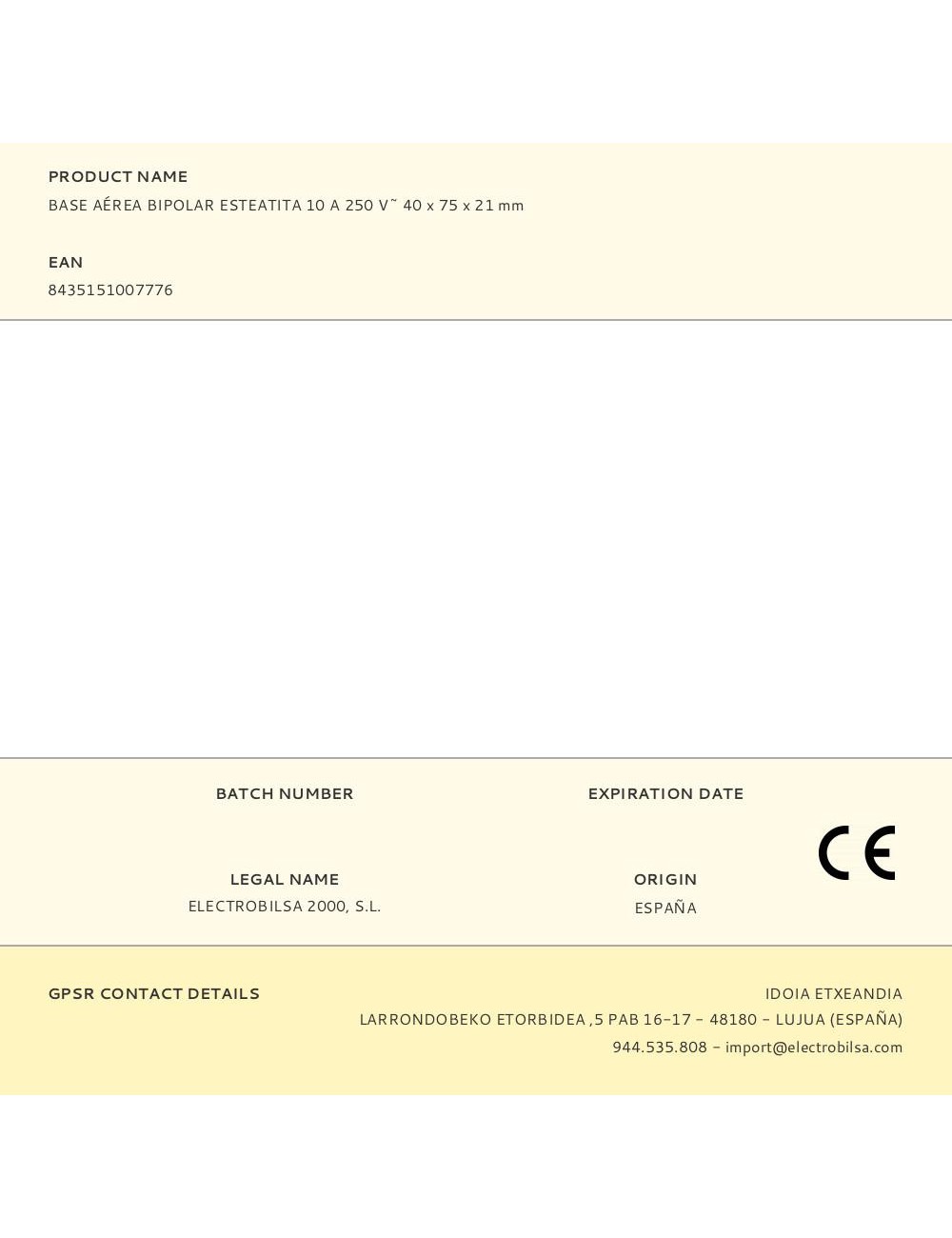 Base aérea bipolar esteatita 16 a 250 v~ 40 x 75 x 21 mm