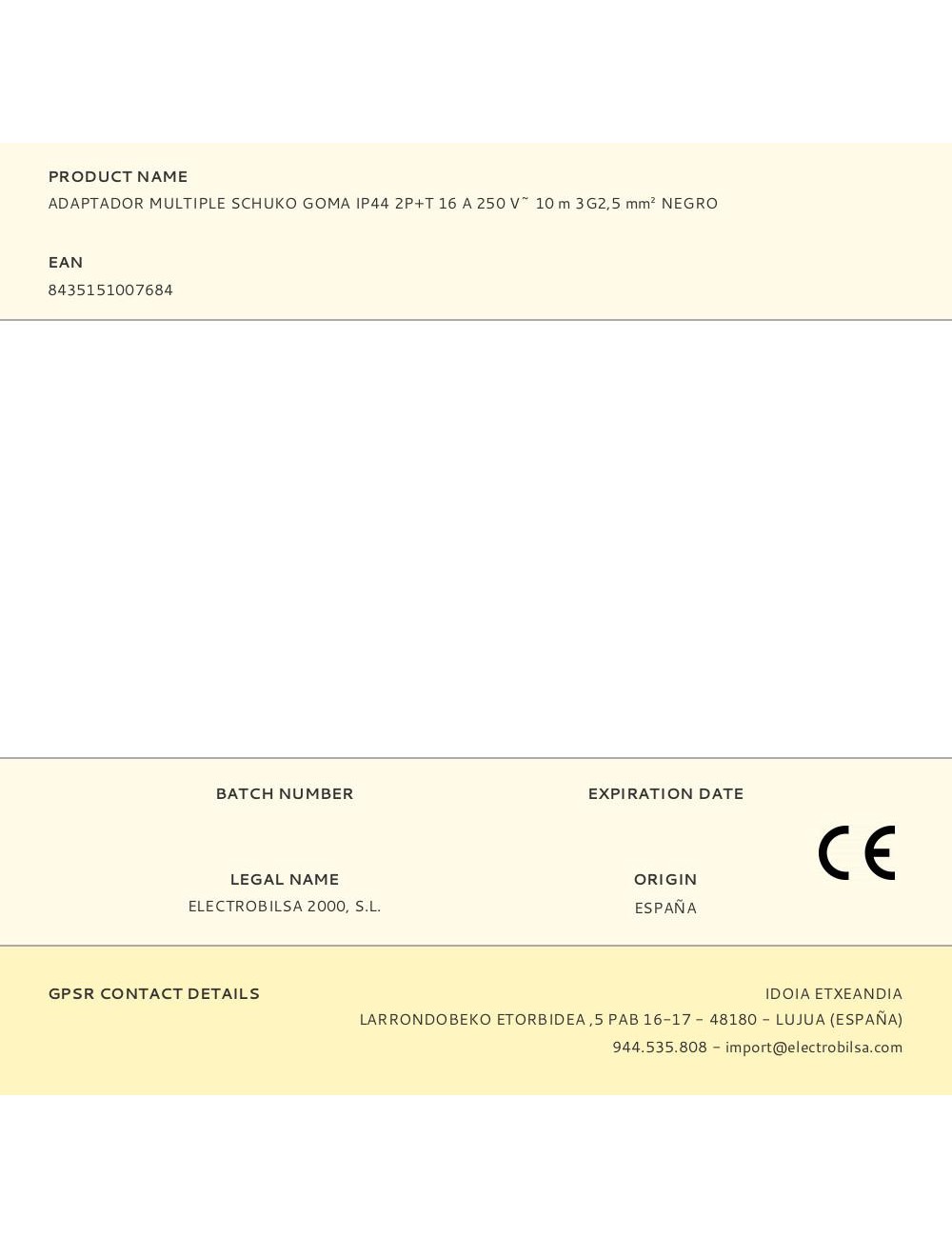 Adaptador multiple schuko goma ip44 2p+t 16 a 250 v~ 10 m de cable 3g2,5 mm negro