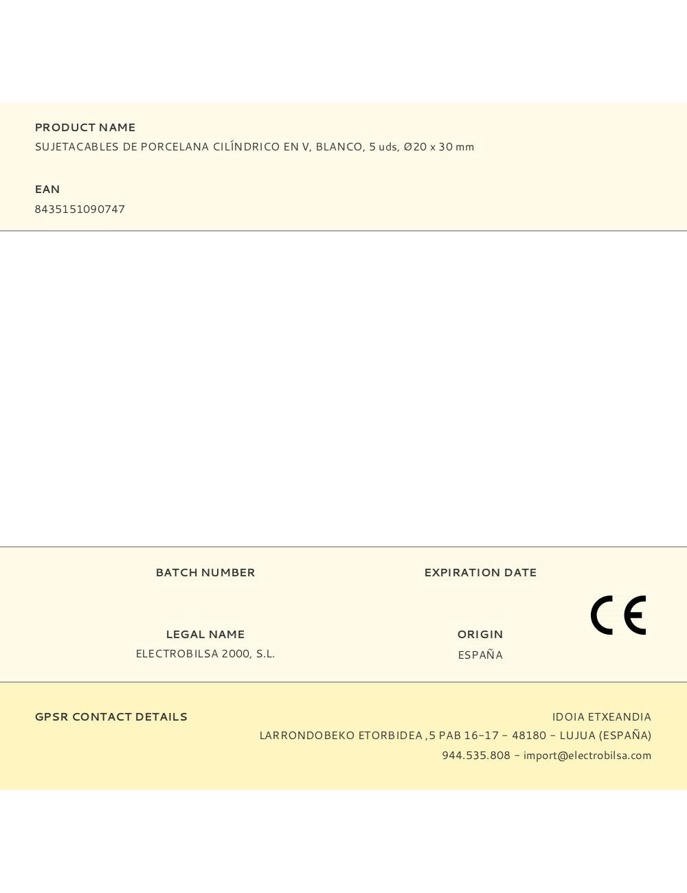 Sujetacables de porcelana cilíndrico en v, blanco, 5 uds, ø20 x 30 mm