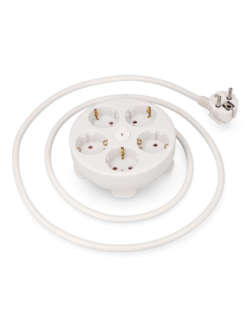 Base múltiple redonda 5 tomas 2p+t schuko, con interruptor, 1,5 m de cable h05vv-f 3g1,5 mm, 16a 250v~, blanca