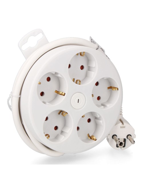 Base múltiple redonda 5 tomas 2p+t schuko, con interruptor, 1,5 m de cable h05vv-f 3g1,5 mm, 16a 250v~, blanca