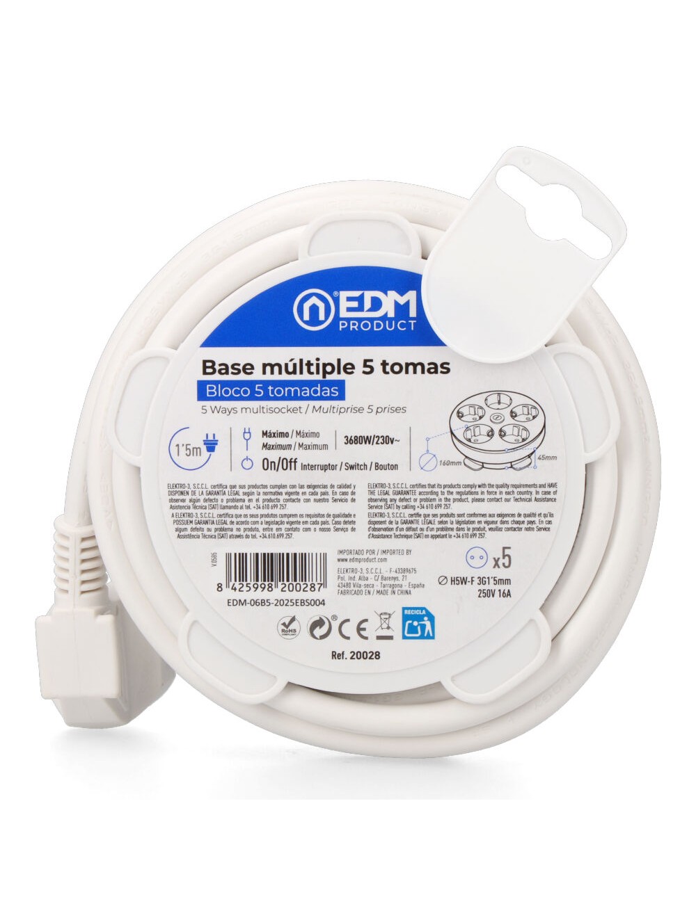 Base múltiple redonda 5 tomas 2p+t schuko, con interruptor, 1,5 m de cable h05vv-f 3g1,5 mm, 16a 250v~, blanca