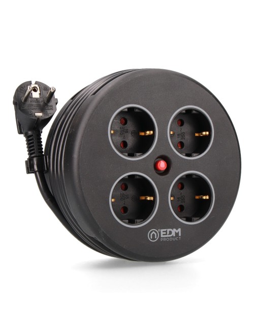 Enrollacables con 4 tomas 2p+t schuko, con protección, 16 a 250 v, cable h05vv-f 3g1,5mm de 5 m, negro