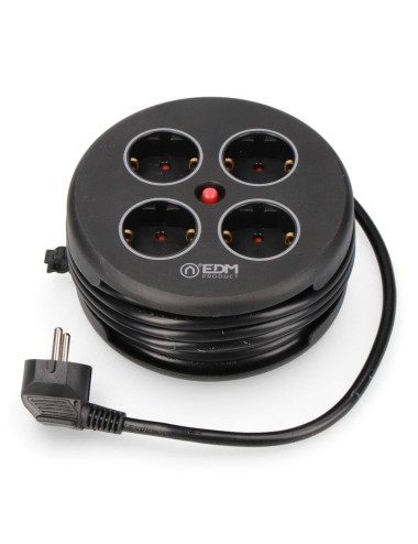 Enrollacables con 4 tomas 2p+t schuko, con protección, 16 a 250 v, cable h05vv-f 3g1,5mm de 5 m, negro
