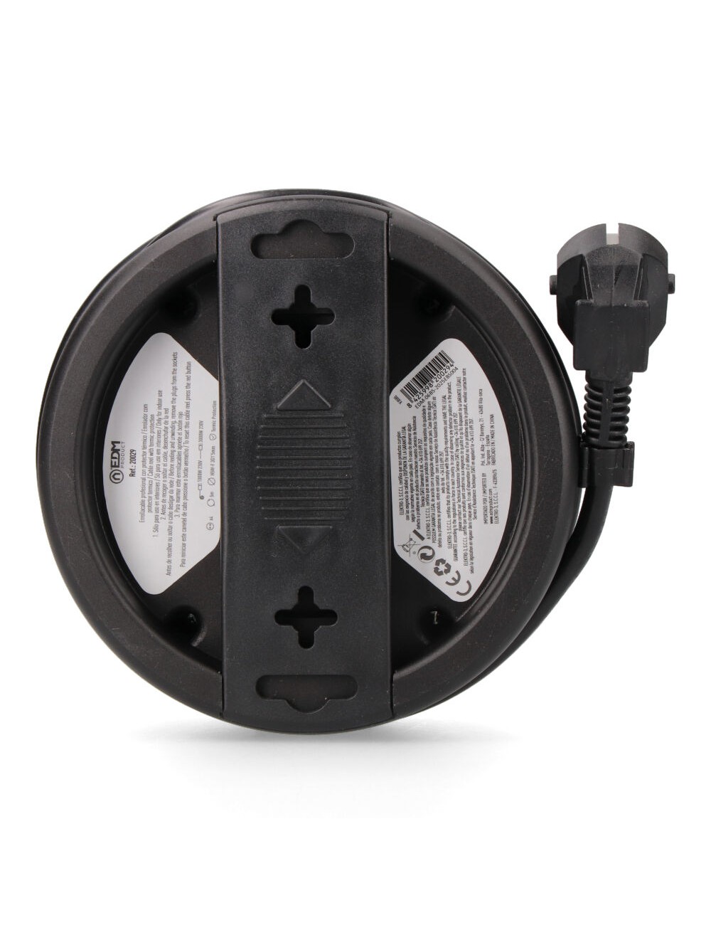 Enrollacables con 4 tomas 2p+t schuko, con protección, 16 a 250 v, cable h05vv-f 3g1,5mm de 5 m, negro