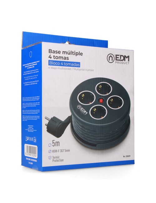 Enrollacables con 4 tomas 2p+t schuko, con protección, 16 a 250 v, cable h05vv-f 3g1,5mm de 5 m, negro