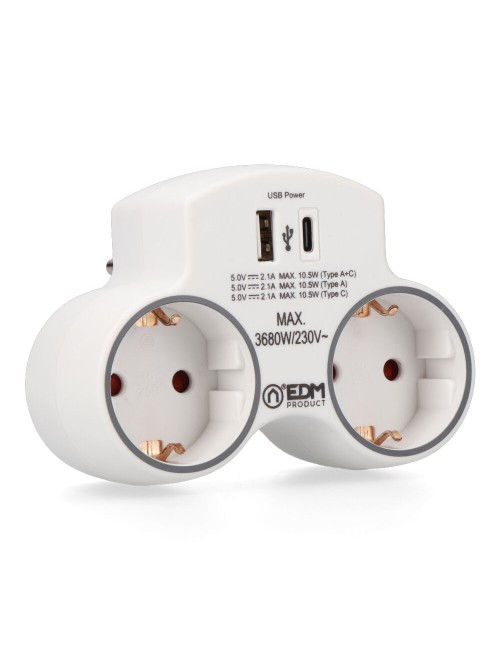 Adaptador 2 tomas 2p+t schuko con 2 usb (a + c), blanco
