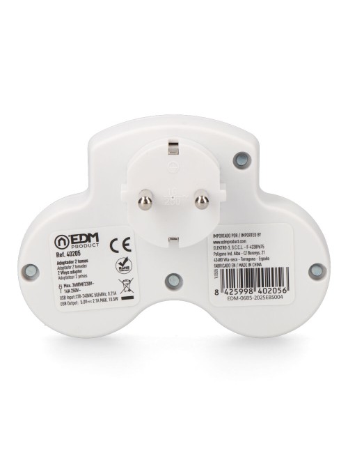 Adaptador 2 tomas 2p+t schuko con 2 usb (a + c), blanco