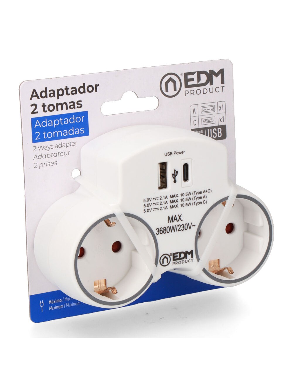 Adaptador 2 tomas 2p+t schuko con 2 usb (a + c), blanco