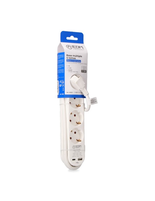 Base múltiple 4 tomas schuko, interruptor, 2 usb a + c, 1,5m de cable h05vv-f, 3g1,5 mm, 16a 250v~, blanca