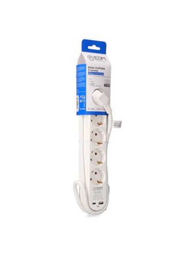 Base múltiple 5 tomas schuko, interruptor, 2 usb a + c, 1,5m de cable h05vv-f, 3g1,5 mm, 16a 250v~, blanca