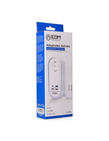 Base aérea 1 toma 2p+t schuko, 4 usb (3 x a + 1 x c), 1,5 m de cable h05vv-f 3g1,5 mm, 16a 250v~, blanca