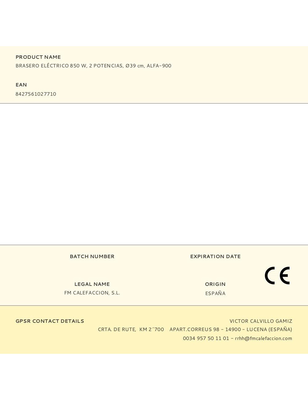 Brasero eléctrico alfa-900, 2 potencias 425 w / 850 w, ø39 cm